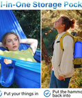 Blue Outdoor Camping Hammock Portable With Tree Straps And Rope, 56 By 103 Inches, all-in-one storage pocket, backpack setup