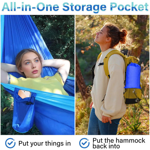 Blue Outdoor Camping Hammock Portable With Tree Straps And Rope, 56 By 103 Inches, all-in-one storage pocket, backpack setup