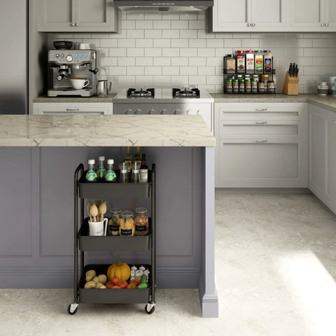 3 Tier Rolling Metal Storage Organizer Cart With Caster Wheels Mobile Utility Kitchen Cart For Home Office Garage And Craft Space Durable Powder Coated Steel With Mesh Shelves Black in a kitchen setting