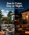 Smooth As Butter 2K Wireless Security Cameras 2 Pack With Sharp Color Night Vision And 130 Degree Wide Angle Lens Battery Powered For Keeping Tabs On Your House Daily with daytime and nighttime views of a patio.