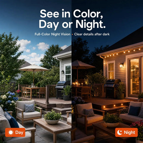 Smooth As Butter 2K Wireless Security Cameras 2 Pack With Sharp Color Night Vision And 130 Degree Wide Angle Lens Battery Powered For Keeping Tabs On Your House Daily with daytime and nighttime views of a patio.