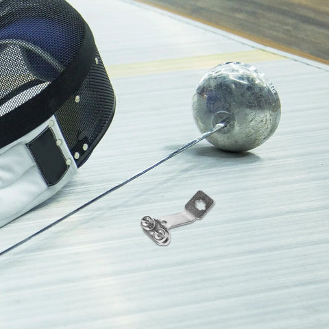 Fencing Foil Display Wall Hanger And Metal Vertical Storage Mount on floor with fencing helmet and foil blade nearby