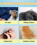 Image showing problems of pet hair on clothes, pilling fabric, falling hair, and stubborn stains, related to Reusable Laundry Hair Remover Tool For Dogs And Cats, Effortlessly Removes Lint And Dander From Bedding And Clothes, Safe For Washing Machines And Dryers, Durable Microfiber With Soft Hooks.