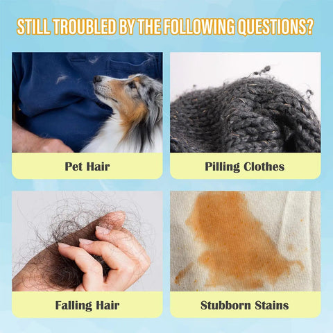 Image showing problems of pet hair on clothes, pilling fabric, falling hair, and stubborn stains, related to Reusable Laundry Hair Remover Tool For Dogs And Cats, Effortlessly Removes Lint And Dander From Bedding And Clothes, Safe For Washing Machines And Dryers, Durable Microfiber With Soft Hooks.