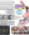 58mm Button Maker Kit For DIY Pins Includes Free Button Parts Circle Cutter Cutting Board Pattern Paper Holographic Bags Colored Film And Protective Case Pink Finish shown with accessories