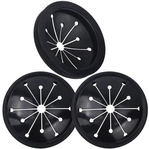 Four Pack Garbage Disposal Splash Guards And Stopper Set For Three And One Eighth Inch Drains Multi Function Drain Plugs Eco Friendly Rubber Splash Guards And Plastic Stoppers Fits Whirlaway Waste King Sinkmaster And GE Models, showing three black rubber splash guards with star-shaped cutouts.