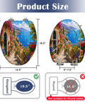 Elongated Mediterranean Coastal Village Colorful Flowers Toilet Seat size diagram showing dimensions for elongated toilets.