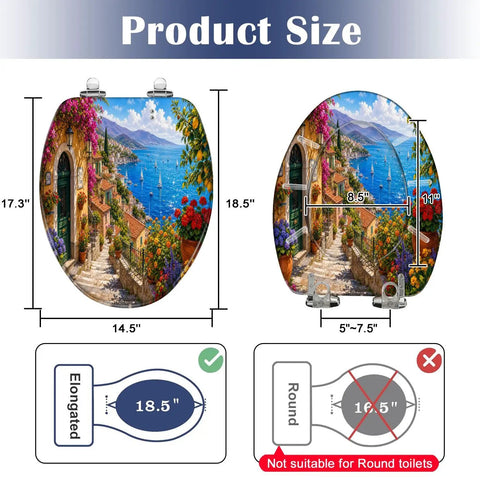 Elongated Mediterranean Coastal Village Colorful Flowers Toilet Seat size diagram showing dimensions for elongated toilets.