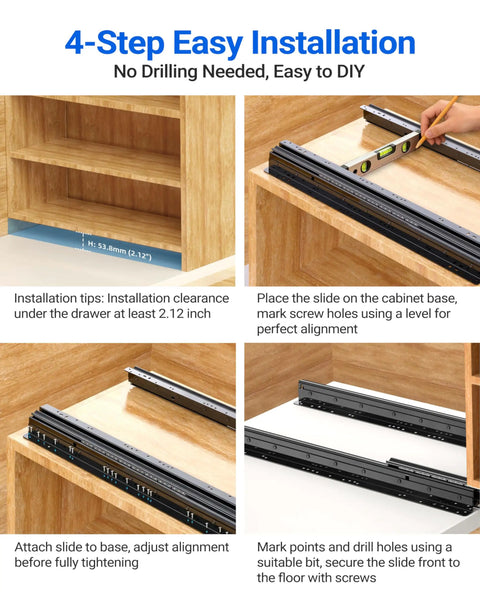 4-step installation guide for Bottom Mount Drawer Slides Go To Heavy Duty Full Extension Rails 265 Lbs Capacity for Deep Storage.
