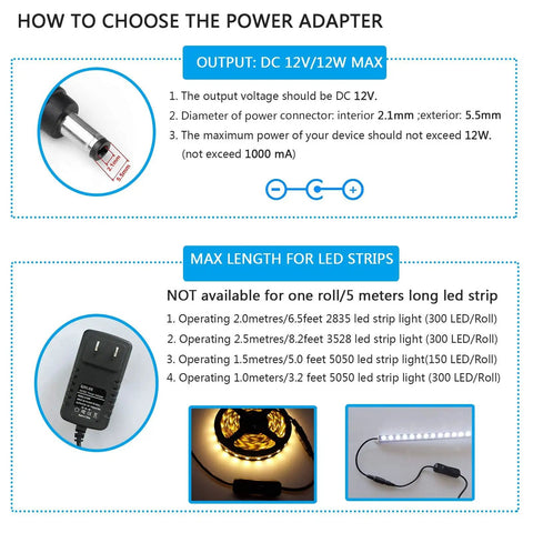12V Power Adapter With Built In Switch For Easy On Off Control, 12W 1A, 2 Pack, Includes 3.9 Ft US Plug Cable And 5.5 Mm X 2.1 Mm Connector, Perfect For Under Cabinet Lighting And Quick Plug And Play DIY Install. 12V DC adapter with 5.5 x 2.1 mm connector for LED strips