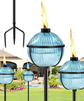 Citronella Torch Set Of Four 16 Oz Blue Glass Outdoor Garden Torches With 3 Prong Ground Stake 58.6 Inch Tall