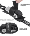 Stainless Steel Ratchet Boat Tie Down Strap 5 Feet with Velcro Hook and Loop, Unwrapped and Rolled Up for Easy Storage.
