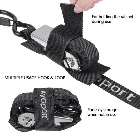 Stainless Steel Ratchet Boat Tie Down Strap 5 Feet with Velcro Hook and Loop, Unwrapped and Rolled Up for Easy Storage.
