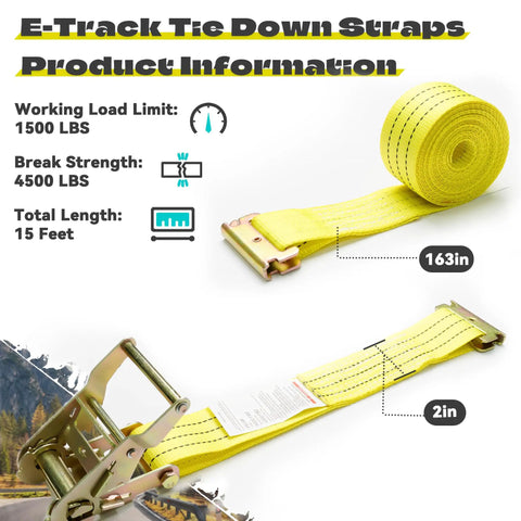 Heavy Duty E Track Ratchet Straps 8 Pack Tie Down Cargo Slings 2X15 Feet Yellow 4400 Lbs Breaking Strength with specifications.