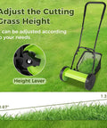 12 Inch Push Reel Lawn Mower With Adjustable Cutting Height From 0.67 To 1.3 Inches And 5 Blade Power For Effortless, Clean Cuts And Quick Yard Maintenance On Weekends. height lever shown