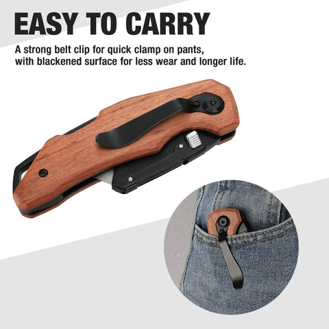 Kickass Folding Utility Knife With Solid Wood Handle And Tight Back Lock Heavy Duty Box Cutter Featuring Quick Change Blade Swap And Extra SK5 Replacement Knives For Any Weekend Grind