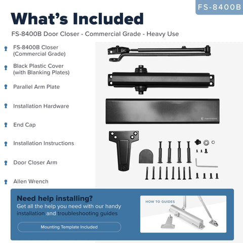 Heavy Duty Black Automatic Door Closer For Commercial Use Grade 1 Hydraulic Spring Hinge UL Listed FS 8400 ADA adjustable with parts included