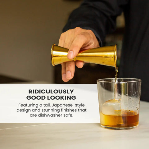 Japanese Style Jigger With Ten Measurement Markings Stainless Steel Bar Tool For Precise Mess Free Pours Sleek Modern Design For Home Mixology And Pro Level Bartending in gold finish pouring liquor
