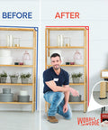 Before and after of shelf stabilized with Wobble Wedges Flexible Plastic Shims 30 Pack for Home Improvement and DIY Projects Black Leveling Spacers for Tables Furniture Toilets Beds and More Made in USA.