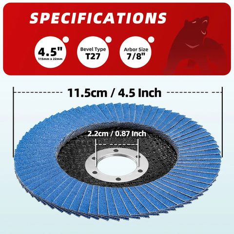 Close-up of 40 Grit Zirconia Flap Discs 50 Pack For 4.5 Inch Angle Grinders T27 showing specifications and dimensions.
