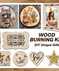 All In One Wood Burning Kit With Adjustable Temperature Pen 81 Piece Pyrography Set For Wood Leather Foam And Fabric Includes 14 Tips And Case Ideal Gift For Adults And Teens Beginner Friendly showcasing finished projects on wood.