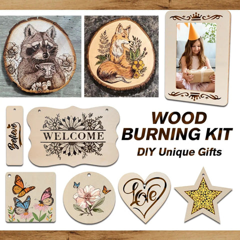 All In One Wood Burning Kit With Adjustable Temperature Pen 81 Piece Pyrography Set For Wood Leather Foam And Fabric Includes 14 Tips And Case Ideal Gift For Adults And Teens Beginner Friendly showcasing finished projects on wood.
