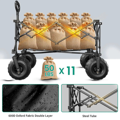 Heavy Duty Beach Wagon With 9 Inch Balloon Wheels, 550 Lb Capacity, Foldable Beach Cart loaded with sacks