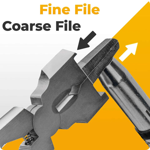 Close-up of versatile all-in-one welding pliers kit showing fine and coarse file features with ergonomic grip.