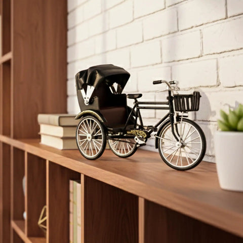 Vintage Metal Tricycle Model With Heavy Duty Aluminum Alloy Build And Old School Three Wheel Rickshaw Design displayed on shelf