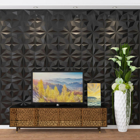 3D Wall Panels Black Textured PVC Tiles, 19.7 By 19.7 Inches, Pack Of 12 Covering 32 Sq Ft, Easy DIY Install on living room wall