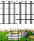 Outdoor Garden Fence For Dogs 32 Inch High 23 Ft Long Rustproof Metal Fencing with ground stakes, shown installed in a garden.