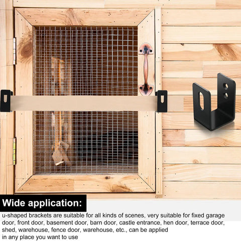 Heavy Duty U Shaped Door Barricade Bracket For 2x4 Openings installed on a wooden barn door, showing anti-theft floor mount.
