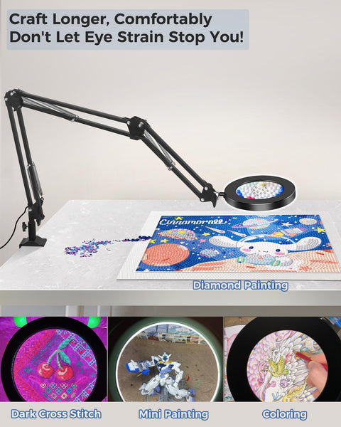 Magnifying Glass Desk Lamp With Three Section Swing Arm And Big Clamp 10X Wide Desk Magnifier Light for crafting and close work.