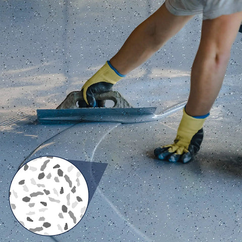 Applying 20 Lb Decorative Epoxy Floor Flake Kit For Garage And Concrete Surfaces Black White Gray Color Chips Blend