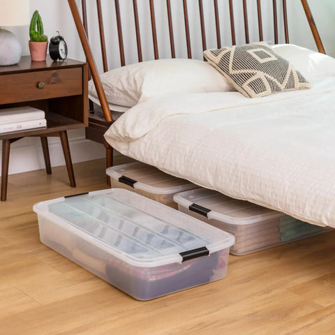 Heavy Duty 50 Quart Stackable Plastic Storage Bins With Snap Tight Secure Lids Clear Organizers For Home Office Dorm Room Garage No Sweat Bulk Pack Of Three under bed for space-saving storage.