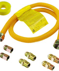 Flexible Gas Line Kit For Dryer Stove And Range, Forty Eight Inch Stainless Steel Gas Line With Five Eighths Inch Outside Diameter And One Half Inch Inner Diameter, Includes Adapters To One Half FIP, One Half MIP And Three Quarter Inch MIP Fittings, shown with yellow corrugated hose and adapter fittings