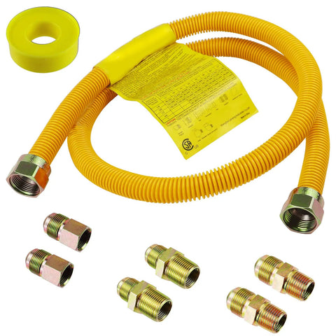 Flexible Gas Line Kit For Dryer Stove And Range, Forty Eight Inch Stainless Steel Gas Line With Five Eighths Inch Outside Diameter And One Half Inch Inner Diameter, Includes Adapters To One Half FIP, One Half MIP And Three Quarter Inch MIP Fittings, shown with yellow corrugated hose and adapter fittings
