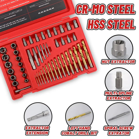 53 Piece Spiral Screw Extractor And Bolt Remover Set With Left Hand Drill Bits Nut Removers And Extension Easy Out Tool Kit Includes Multi Spline Extractors And High Hardness CrMo Steel 4341 6542 HSS For Removing Rusted Nuts And Stripped Bolts