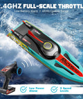 Brushless RC Boat 40MPH Beast With Self Righting LED Lights Fishing Function 19 Inch High Speed Racing Boat floating on water