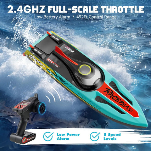 Brushless RC Boat 40MPH Beast With Self Righting LED Lights Fishing Function 19 Inch High Speed Racing Boat floating on water