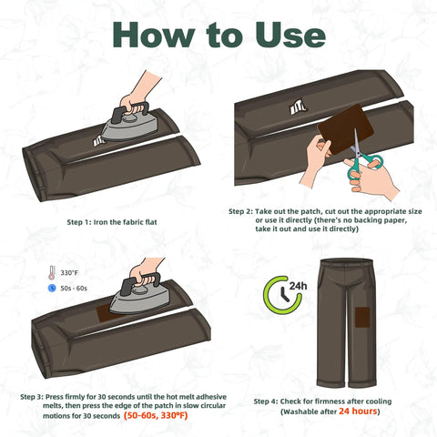 Step-by-step illustration of using Colorful Iron On Patches For Clothes, 20 Piece Set In 20 Colors, 3.7 By 4.9 Inches, 100 Percent Cotton Fabric Patches For Clothing, Bags, And Hats, Easy No Sew Repair And Style Upgrade, Fade Resistant And Reusable on pants.