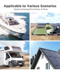 400W Flexible Solar Panel Kit With All Black ETFE Array Four 100W Panels, 23 Percent Efficient Off Grid System For RVs And Cabins Bendable To 240 Degrees For Irregular Roofs Ultra Lightweight And Compatible With 12, 24, And 48V Batteries shown on boat, tent, RV, and house roof.