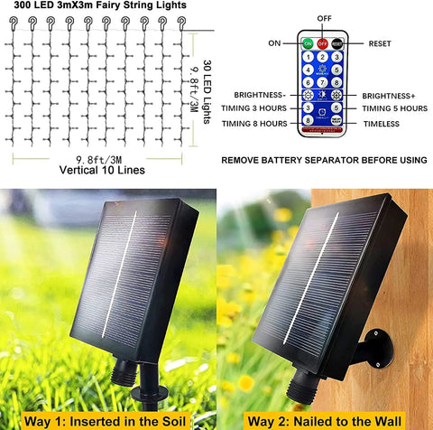 Solar Curtain String Lights For Outdoor Garden 300 LED diagram and remote control, solar panel installation options shown