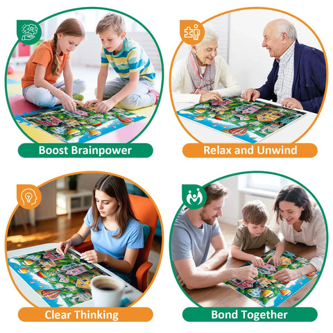 Families and individuals enjoying 300 Piece Jigsaw Puzzle For Adults Colorful Hot Air Balloon Town Interlocking Pieces No Dust Backside Lettering 20.5x15 Inches Perfect Family Game Night Gift For All Ages Chill Vibe in various settings.