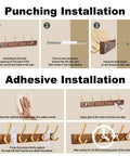 Instructions for installing 17.3 Inch Walnut Wood Coat Rack Wall Mount With Five Hooks, showing both punching and adhesive methods.