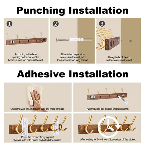 Instructions for installing 17.3 Inch Walnut Wood Coat Rack Wall Mount With Five Hooks, showing both punching and adhesive methods.