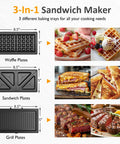 3-In-1 Sandwich Maker with Waffle, Sandwich, and Grill plates, 8.5x5 inches for versatile cooking options.