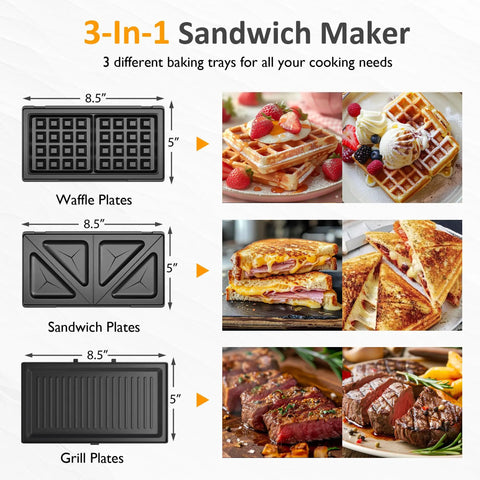 3-In-1 Sandwich Maker with Waffle, Sandwich, and Grill plates, 8.5x5 inches for versatile cooking options.
