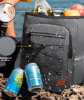 Leak Proof Insulated Backpack Cooler For Men And Women 36 Can Soft Cooler Backpack Keeps It Ice Cold Waterproof Large Capacity Lunch Bag For Camping Travel Picnic Hiking Gray filled with drinks and fruit, showing waterproof surface.