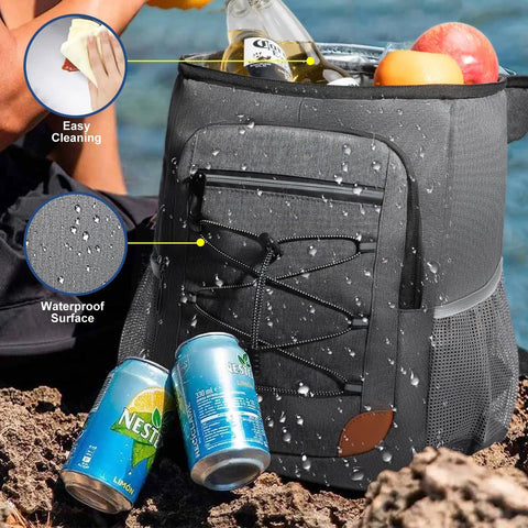 Leak Proof Insulated Backpack Cooler For Men And Women 36 Can Soft Cooler Backpack Keeps It Ice Cold Waterproof Large Capacity Lunch Bag For Camping Travel Picnic Hiking Gray filled with drinks and fruit, showing waterproof surface.